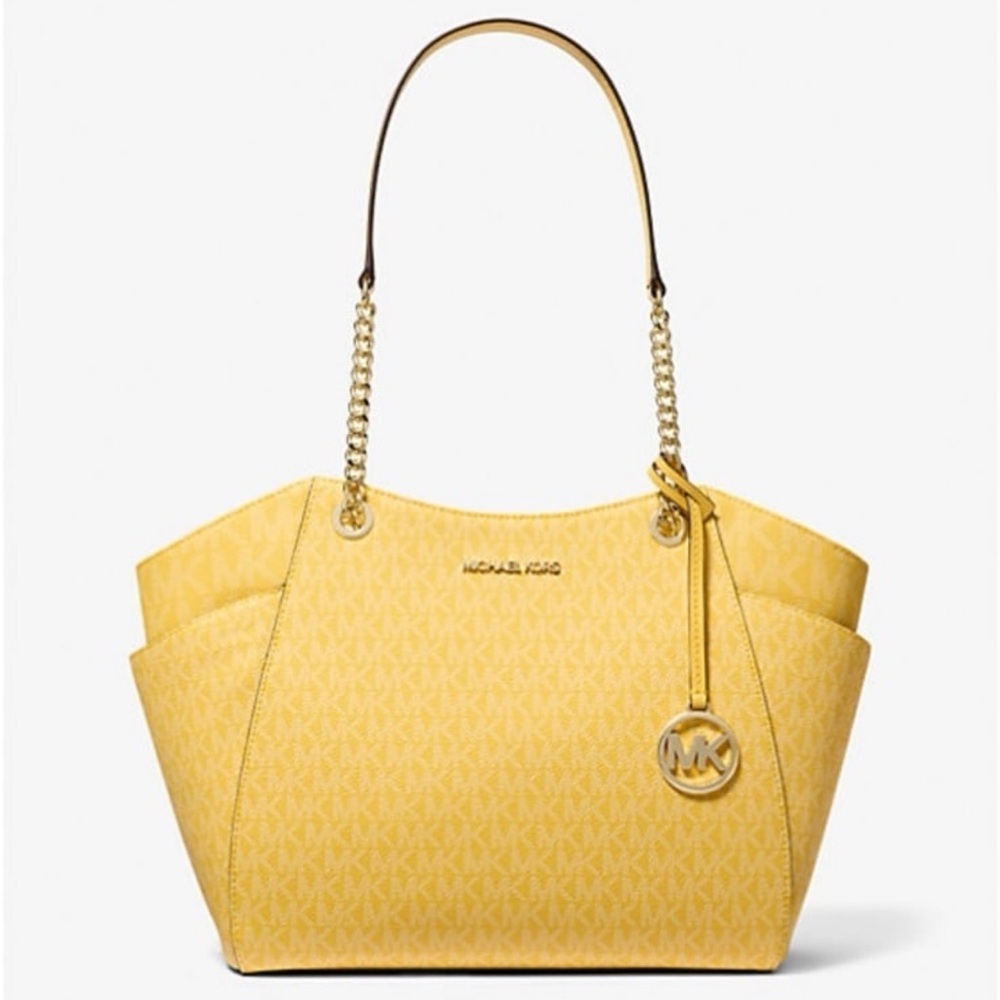 Michael Kors Signature Logo Chain Shoulder Tote DAISY YELLOW - Picture 13 of 14